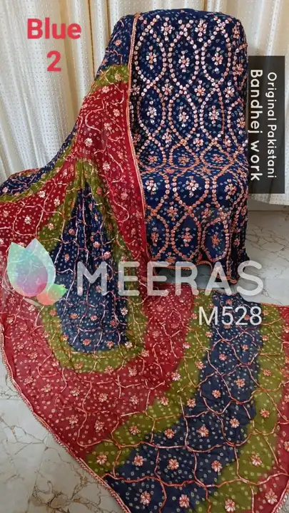 Post image *M528*

*Beautiful ORIGINAL Pakistani BANDHEJ work Pure Chiffon Suit*

🌸 Top Pure Chiffon unstitched with beautiful n heavy bandhej hand work n gota embroidery... sleeves embroidery work... Length 42, Bust 50 approx....
🌸 No Bottom👈👈👈
🌸 Dupatta pure chiffon embroidery work ....2.25 mtr approx.

*Quality MEERAS Assured💯*

*₹ 3100 incl ship*

Book fast🏃‍♀️🏃‍♀️