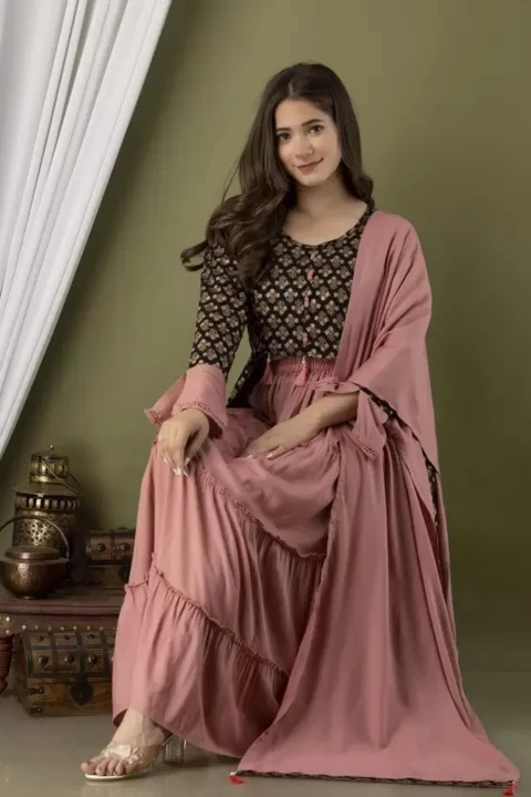 Women's Rayon front slit kurta with Skirt and dupatta set  uploaded by VIVAAN CREATIONS on 5/10/2024