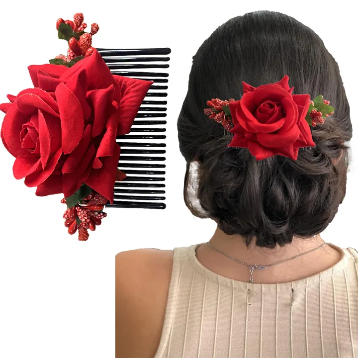 Hair Accessories For Women & Girls - Stylish Red Rose Artificial Flowers Bun Juda Comb  uploaded by business on 3/12/2023