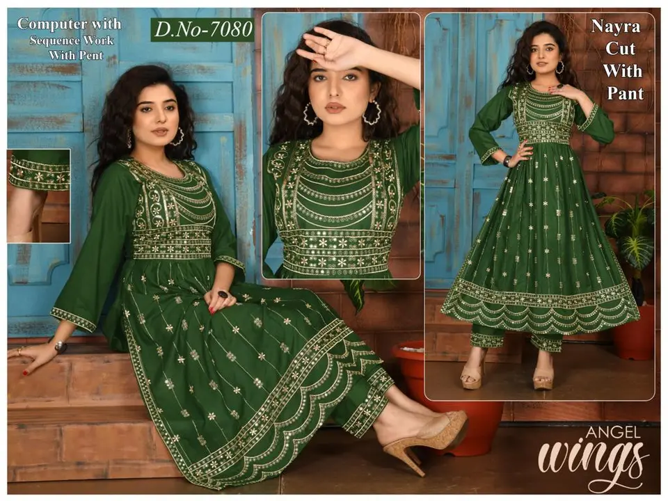 Heavy nayra cut kurti pant set uploaded by Evergreen on 3/12/2023