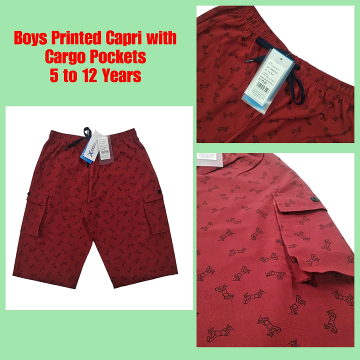 Post image *Kids Boys Printed Capri with Cargo Pockets*

All over printed woven fabric

3/4y, 5/6y, 7/8y, 9/10, 11/12 years

Price - *Rs.145* + GST

MOQ - 50 pieces
*(5 sizes, Each Size 10 pieces)*

Single Piece Packing / 10 Pieces Master Packing

12+ colors possible
