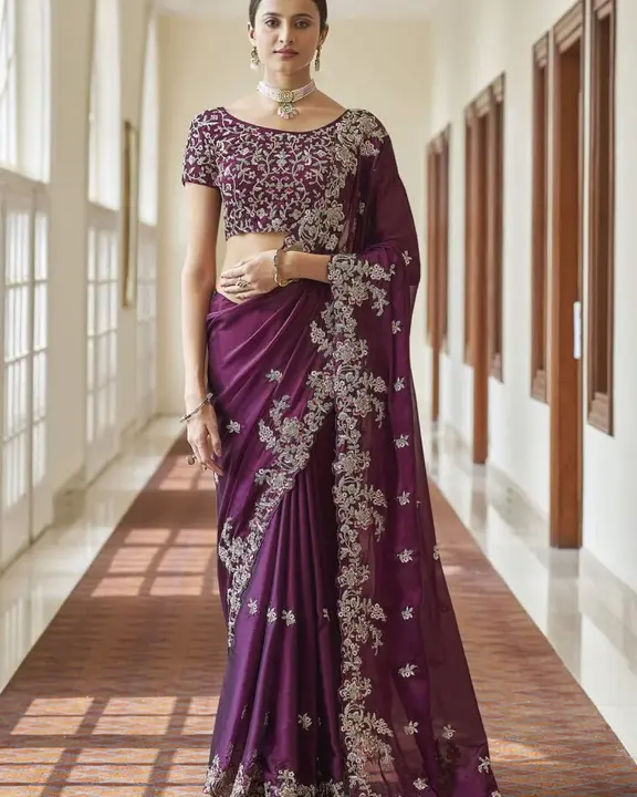 women designer embroidery purple colour casual party wear festive saree with blouse  uploaded by Mark Up India on 3/13/2023