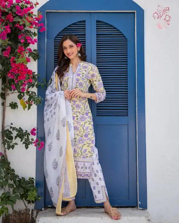 Post image 🌸🌸🌸🌸🌸🌸🌸🌸🌸

*Straight Kurti with Pants and Dupatta*
〰️〰️〰️〰️〰️〰️〰️〰️〰️〰️〰️〰️

*Kurti Length - 44"* 
*Pant Length - 38"*
*Dupatta Length - 2.20 Meter* 

*Fabric Details :-*
*Top  - Cotton Cambric*
*Skirt  - Cotton Cambric*
*Dupatta  - Mal Mal*

*Work - Floral block Print with Sequence Hand work on Yoke and Chikan lace in Yoke, Sleeves &amp; border.* 

*Sizes   - M 38, L 40, XL 42, XXL 44*

1150  price 

Ship extra 
🌸🌸🌸🌸🌸🌸🌸🌸🌸