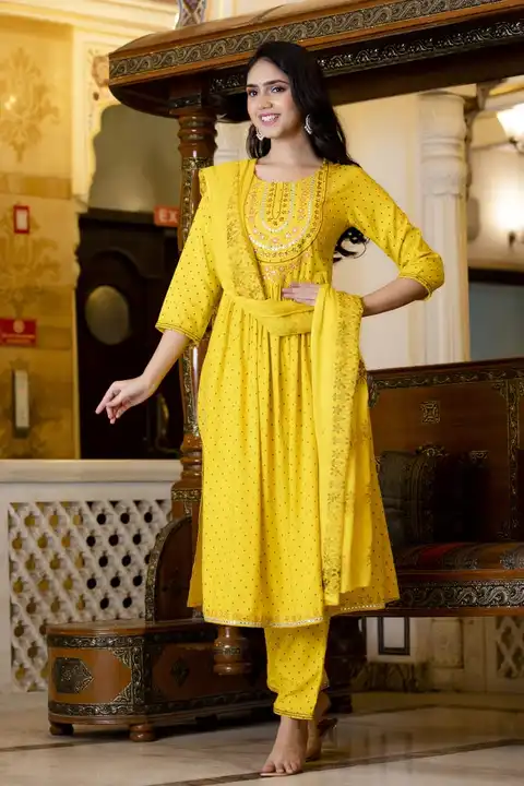Post image 🌸🌸🌸🌸🌸🌸🌸🌸🌸🌸🌸🌸

 *Nyra Cut Kurti with Pants and Dupatta*
〰️〰️〰️〰️〰️〰️〰️〰️〰️〰️〰️〰️

*Kurti Length - 48"*
*Pant Length - 38"*
*Dupatta Length - 2.20 Meters*

*Fabric details -*
*Kurti -  Fine Quality Rayon*
*Pant -  Fine Quality Rayon*
*Dupatta -  Rayon Splush*

*Print -  Dyed &amp; Pigment Print*

*Work -*
*• Kurti with Nyra Cut, detailed with Embroidery work on Neck and Border*

*• Embroidery Lace on Sleeves and Pant*

*Sizes  -  M/38,  L/40,  XL/42,  XXL/44*

  ``1150₹-`` Price 
〰️〰️〰️〰️〰️〰️〰️

Ship extra 

🌸🌸🌸🌸🌸🌸🌸🌸🌸