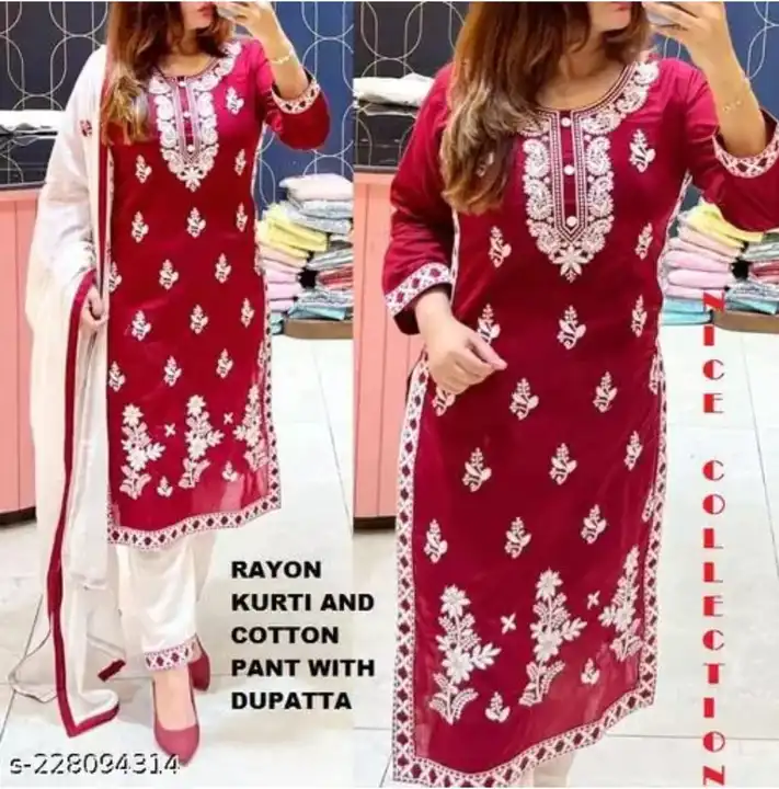 * bright colour chicken embroidery on kurti pent and full Embriodary on duppatta specailly designed  uploaded by Mahipal Singh on 3/14/2023