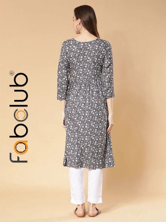 Rayon Printed Flared & Front Slit Grey Women Kurti uploaded by Fab Creation on 3/14/2023