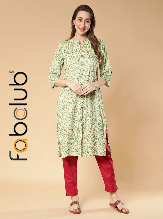 Post image Light green kurti from fabclub is made from heavy rayon fabric. Light green floral gold printed straight rayon kurta, has a three-quarter sleeves, mandarin neck, straight hem, front slit, button closure, side slits. This kurti is suitable for casual &amp; festive occasions. Team it with matching leggings or palazzo pant and accessories for a classy look.