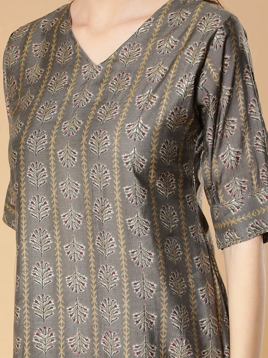 Modal Silk Gold Printed Grey A-Line Designer Women Kurti uploaded by Fab Creation on 3/14/2023
