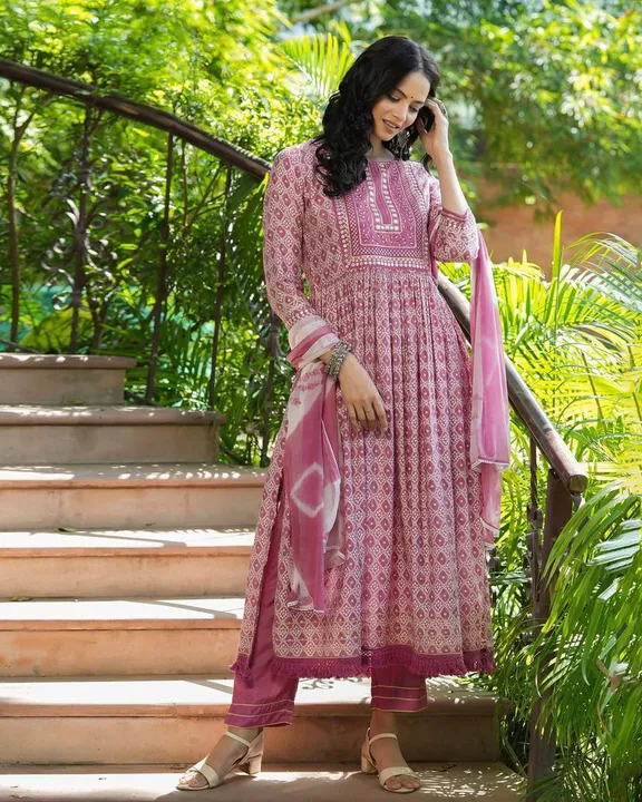 Size - 38 to 54,Reyon sulv nyra cut kurti pant duppatta set uploaded by Online Ladies Dresses on 3/14/2023