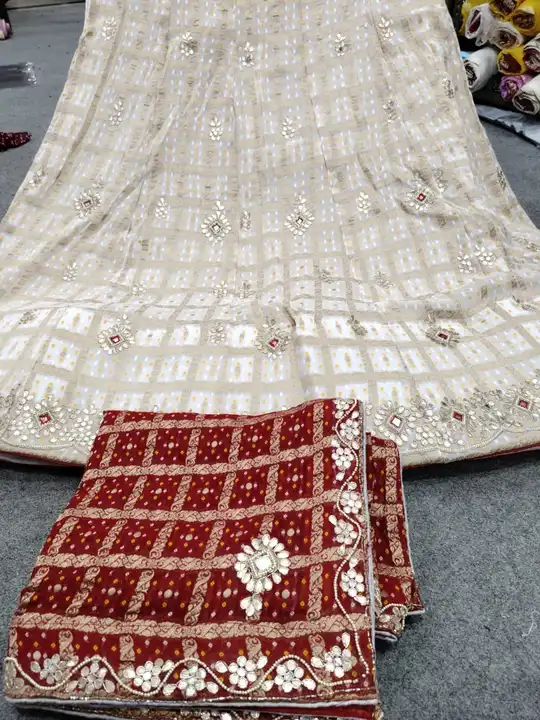 Pure  Georgette gajji silk fabric lehenga blouse dupptta
Gotapatti work
With can inner
Zardoji outin uploaded by Gotapatti manufacturer on 3/15/2023