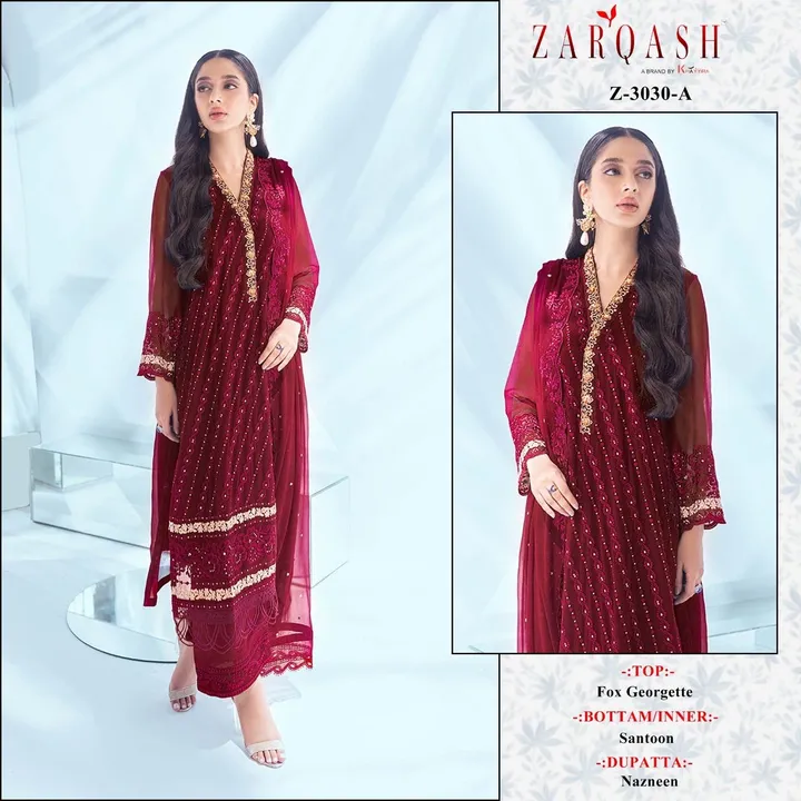 *ZARQASH suits ®️*

*D.NO :- Z-3394*

*FABRIC DETAIL :-*

TOP:- *GEORGETTE EMBROIDERY*
BOTTOM:- *DUL uploaded by Aanvi fab on 3/16/2023