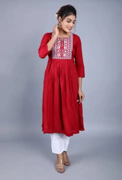 DESIGN NO - 2004-RED ,RED COLOUR KURTI WITH WHITE COLOUR PANTS  uploaded by business on 3/16/2023