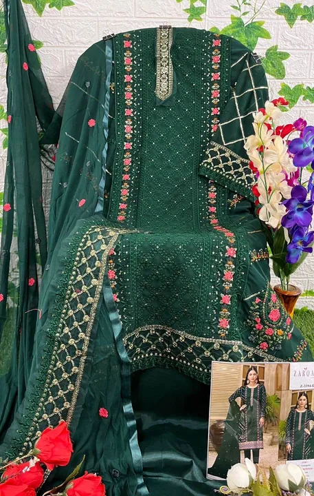 *ZARQASH suits ®️*

*D.NO :- Z-3394*

*FABRIC DETAIL :-*

TOP:- *GEORGETTE EMBROIDERY*
BOTTOM:- *DUL uploaded by Divya Fashion on 3/16/2023