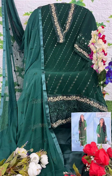 *ZARQASH suits ®️*

*D.NO :- Z-3030*

*FABRIC DETAIL :-*

TOP:- *GEORGETTE EMBROIDERY*
BOTTOM:- *DUL uploaded by Divya Fashion on 3/16/2023