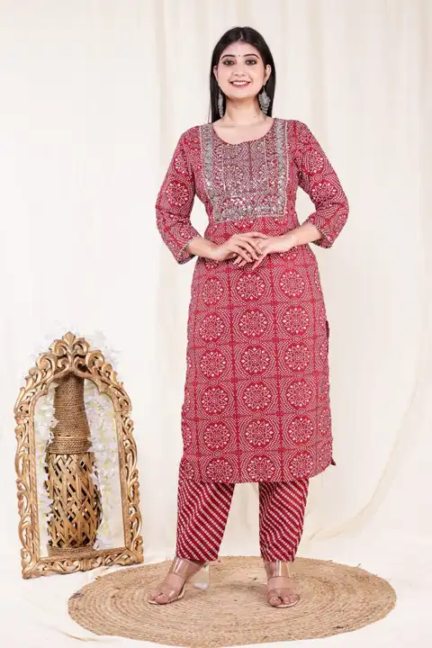 Cotton printed embroidery kurta pant set uploaded by business on 3/16/2023
