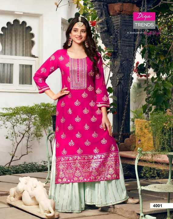 Fency drsinger reyon foil print kurti sarara/plazo set uploaded by Maa enterprise on 3/17/2023