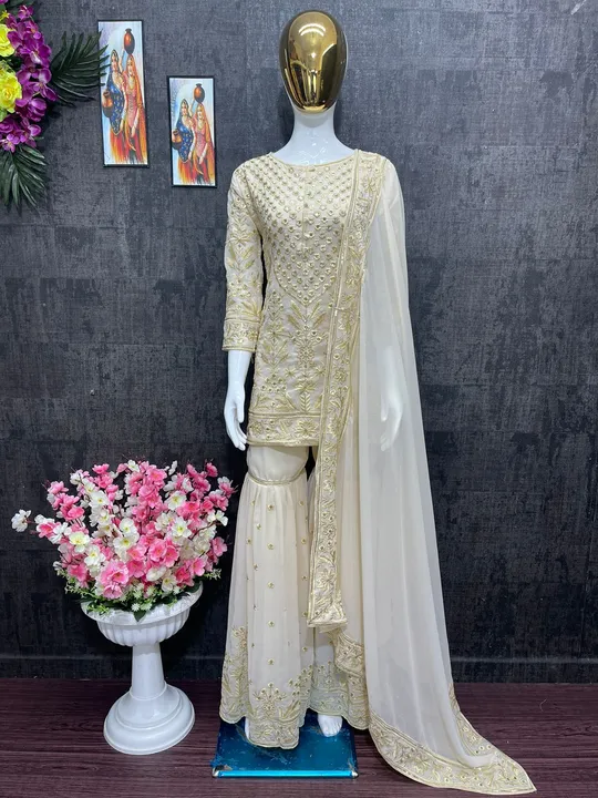 *NEW DESIGNER HEAVY GEORGETTE TOP WITH EMBROIDERY SEQUENCES WORK PALAZO  DUPATTA SET*

 uploaded by Taha fashion from surat on 3/18/2023