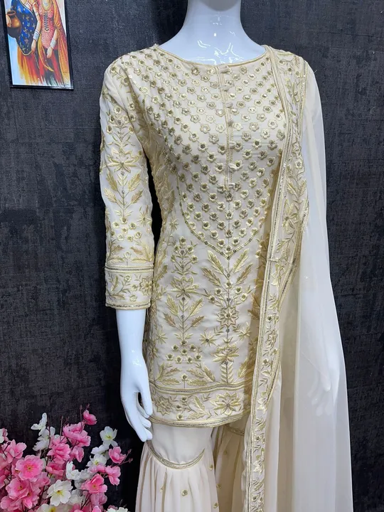 *NEW DESIGNER HEAVY GEORGETTE TOP WITH EMBROIDERY SEQUENCES WORK PALAZO  DUPATTA SET*

 uploaded by Taha fashion from surat on 3/18/2023