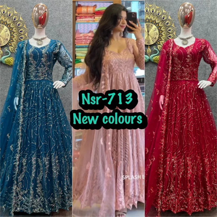 Post image *nsr-713*
*New Colours* 

👉👗💥*Launching New Đěsigner Party Wear Look Gown With Heavy 3mm Embroidery Sequence Work *💥👗👌

🧵 *Fabric Detail* 🧵

👗 *Gown Fabric* :Soft Butterfly Net With Heavy Embroidery And 3mm Sequence Work With Full Sleeves 

👗 *Gown Inner* : Micro Cotton
👗 *Gown Size* : Up To 42 Xl Free Size  *(Fully Stitched)*
👗 *Gown Length* : 53-54 Inches 
👗 *Gown Flair *     : 3 mtr

👗 *Bottom Fabric* :Micro Cotton 
*(unstitched )*

👗 *Dupatta Fabric * :Soft Butterfly Net With Embroidery Work And Four Side Lace Border
👗*Dupatta Length :* 2.10mtr

⚖️ *Weight*    :900 gm

👉* Rate :-1450/-*👈
Free Shipping 
💕*One Level Up*💕
👌*A one Quality *👌