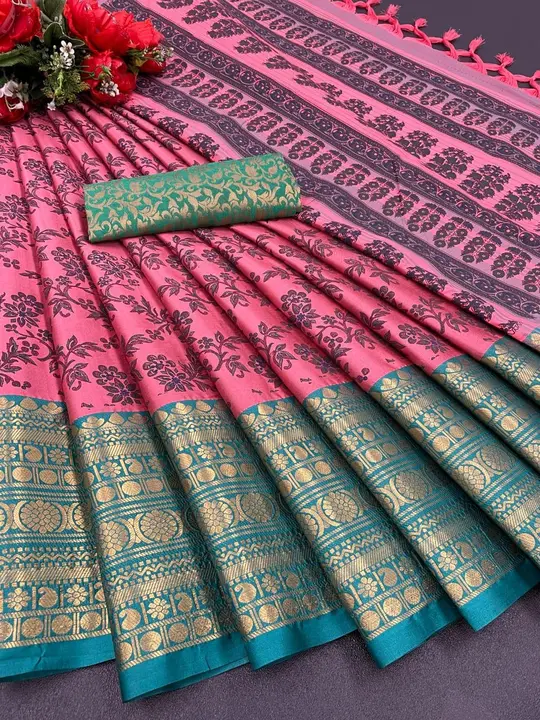 Fabric*: Aura Cotton Silk with Broad contrast jacquard work border with Jacquard blouse uploaded by Maa Arbuda saree on 3/19/2023