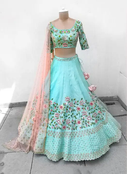 Sky Blue Designer Partywear Embroidered Work Silk Material Bridesmaid Lehengas uploaded by business on 3/20/2023