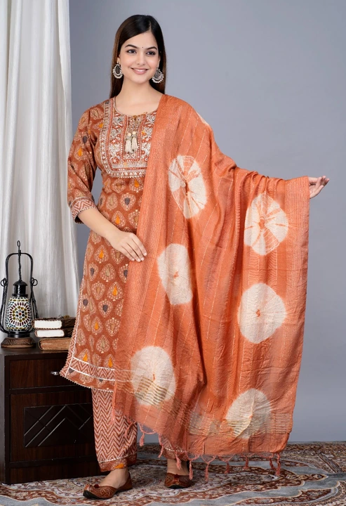 Women foil printed embroidered kurta pant and dupatta set  uploaded by Aleexa Outlet on 3/20/2023
