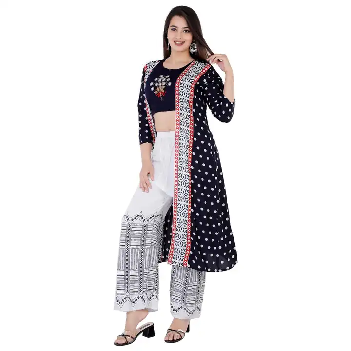 Rayon Kurti Top And Skirt With Shrug For Girls, Women, Ladies - White Blue uploaded by Manisukmi Fashion  on 3/20/2023