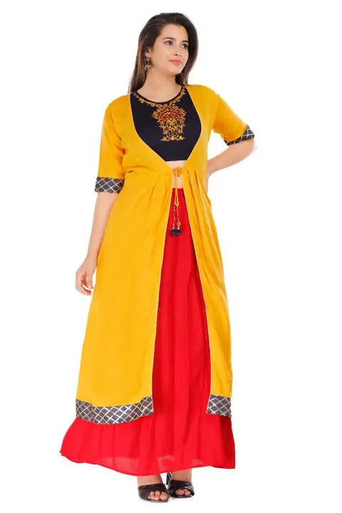 Rayon Kurti Top And Skirt With Shrug For Girls, Women, Ladies - Yellow uploaded by business on 3/20/2023