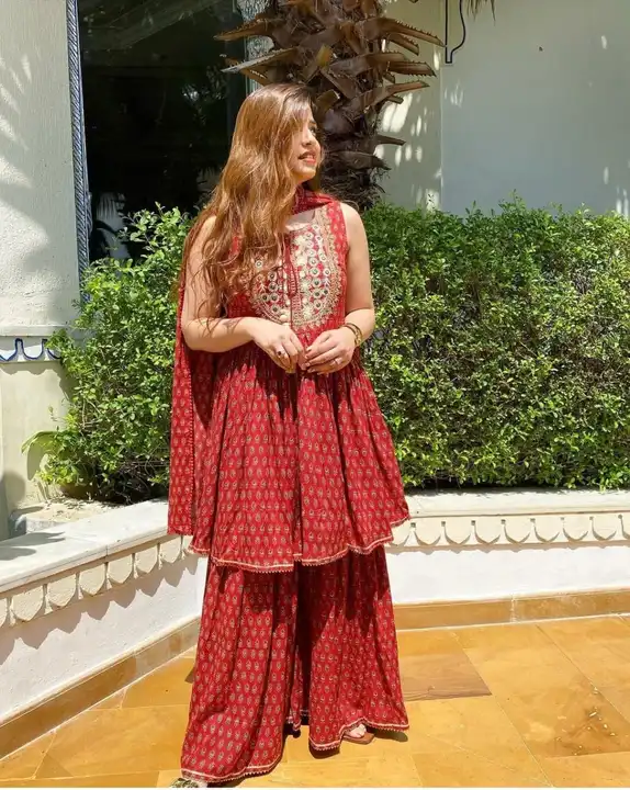 Women's Printed  Sharara Set With Dupatta For Casual & Festive Season - Red uploaded by business on 3/20/2023