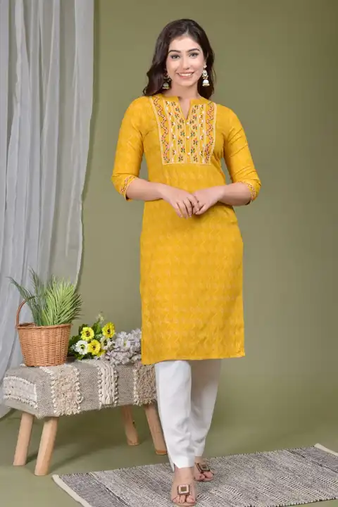 Women's Printed Embroidery Kurta with Pant Set for Casual & Festive Season- Yellow uploaded by business on 3/20/2023