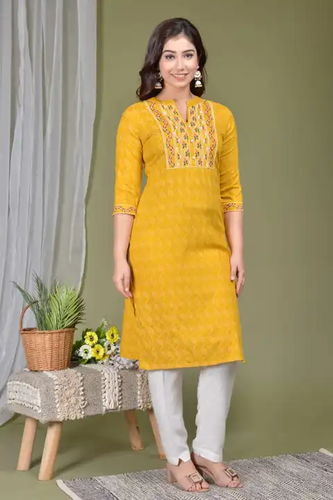 Women's Printed Embroidery Kurta with Pant Set for Casual & Festive Season- Yellow uploaded by Manisukmi Fashion  on 3/20/2023