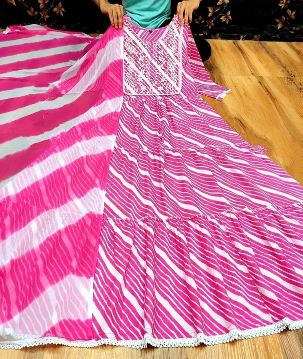 *  New launching lahariya Gown*

💃 *Beautiful Reyon Cotton Fabric  Nack malty wark ,lace with Print uploaded by Divya Fashion on 3/20/2023