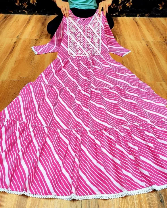 *  New launching lahariya Gown*

💃 *Beautiful Reyon Cotton Fabric  Nack malty wark ,lace with Print uploaded by Divya Fashion on 3/20/2023