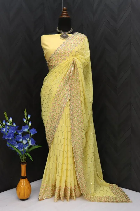  FABRIC:-  Faux georgette

SAREE LENGTH-  5.50 Mtr
  
SAREE WORK:-  3 Mm Seqwance work and multicolo uploaded by Fashion designer saree  on 3/21/2023