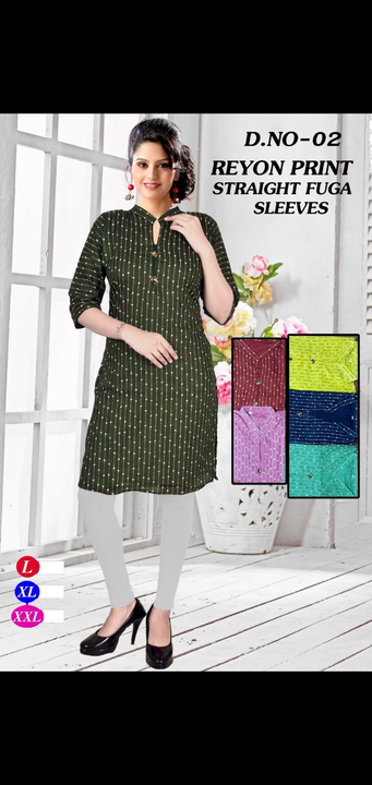 Syraight reyon printed kurti heavy reyon all type of readymate item mfg by us heavy low medium   uploaded by Radha Creation , Maira sales for Readymade items on 3/21/2023