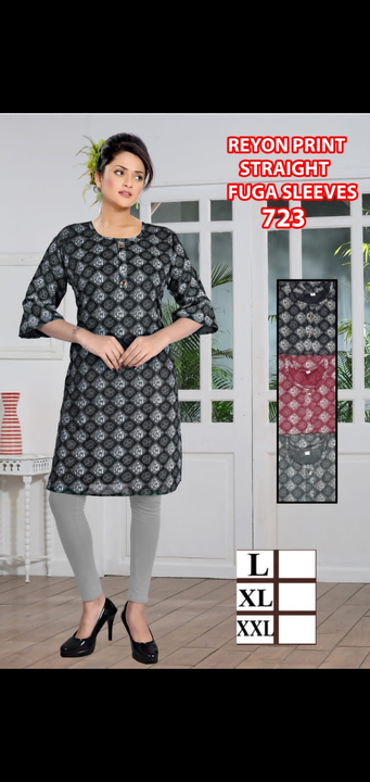 Syraight reyon printed kurti heavy reyon all type of readymate item mfg by us heavy low medium   uploaded by Radha Creation , Maira sales for Readymade items on 3/21/2023