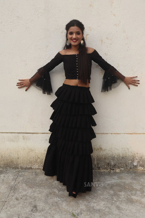 Black Layered skirt with off shoulder circular flared sleeve
 uploaded by Sanvis on 2/27/2021