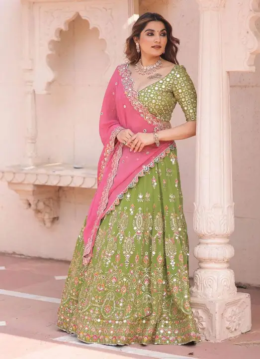Green And Pink Embroidered Attractive Party Wear Lehenga Choli uploaded by business on 3/21/2023