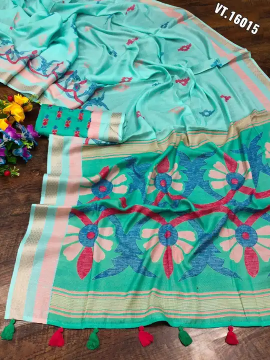 BEAUTIFUL COTTON LINEN SAREE WITH AUTHENTIC PRINT ON ALLOVER SAREE WITH ZARI EMBELISHED BORDER AND L uploaded by Vishal trendz 1011 avadh textile market on 3/21/2023