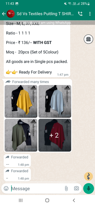 Post image I want 11-50 pieces of Men round and collar Tshirt, long, short pants at a total order value of 10000. I am looking for 100% cotton, adidas, nike, polo, ck, tommy Hil, zara, reebok, puma etc. Please send me price if you have this available.