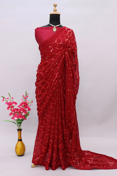 


* GEORGETTE Sarees With  heavy sequence  work WITH PIPING *

 *Sarees With MONO Blouse*

*Rate:-  uploaded by Maa Arbuda saree on 3/21/2023