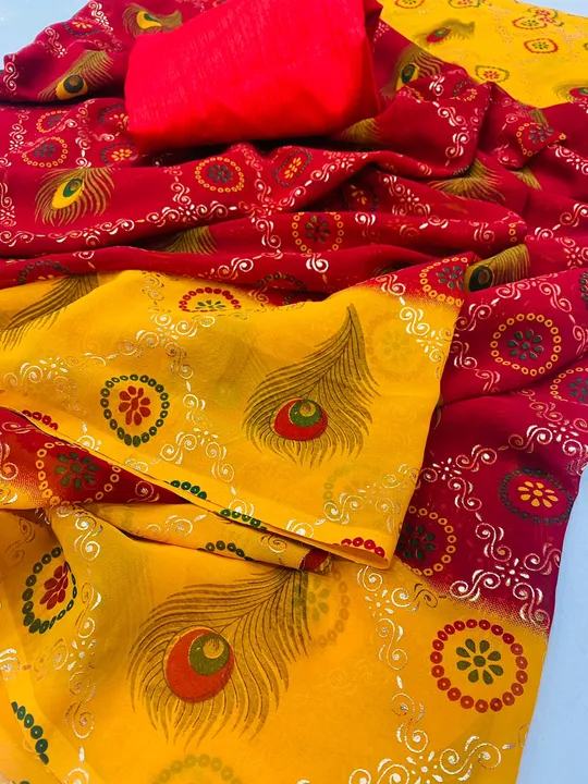 Saree Details
More Pankh🦚 Foil Printed Georgette Saree
Cut- 5.5

Blouse👚
Banglori Satin Plane Red  uploaded by Divya Fashion on 3/21/2023