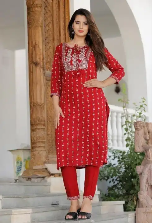 Women's Embroidery Straight Kurta with Pant for Casual & Festive Season - Red uploaded by Manisukmi Fashion  on 3/21/2023