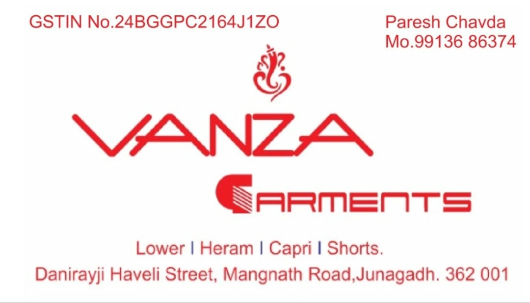 Visiting card store images of Vanza garments