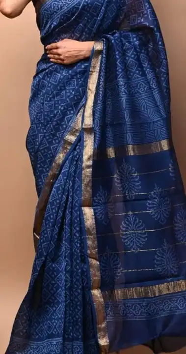 Maheshwari silk saree Bagru printed Indigo printed saree with blouse  uploaded by Parth textile on 3/22/2023