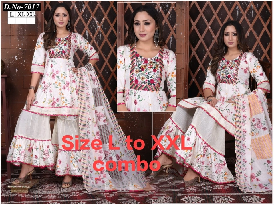 Post image 3 pc set peplum with embroidery mirror with magdi lace sharara mil dupatta price 799