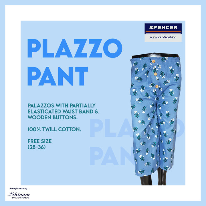 Post image Spencer Women's Printed Plazzo/ Plazzo Pant!!!

Product Detail: Printed Cotton wide leg pant plazzos.

Fabric: 100% Twill cotton
Size: FREE SIZE
          Waist (28-38)

This Plazzo Pant available in 10 Different Designs.

Rate 150/-
10 pc set 
Wholesale only.
Dm for more details!!!