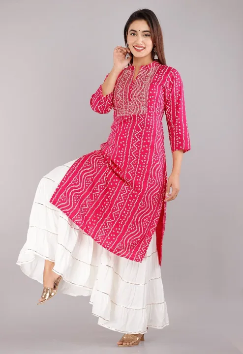 Premium Rayon Bandhani kurti with beautiful embroidery & Sitara work on yoke* uploaded by Prayag traders on 3/22/2023