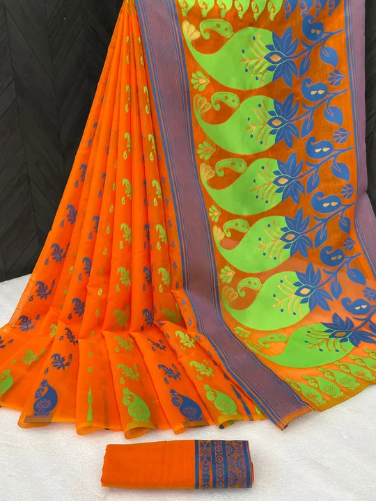 Women`s Bengal  Soft Dhakai Jamdani Cotton Saree Whole Body Design With Blouse ( Orange )   uploaded by Manasvi Enterprise on 3/23/2023