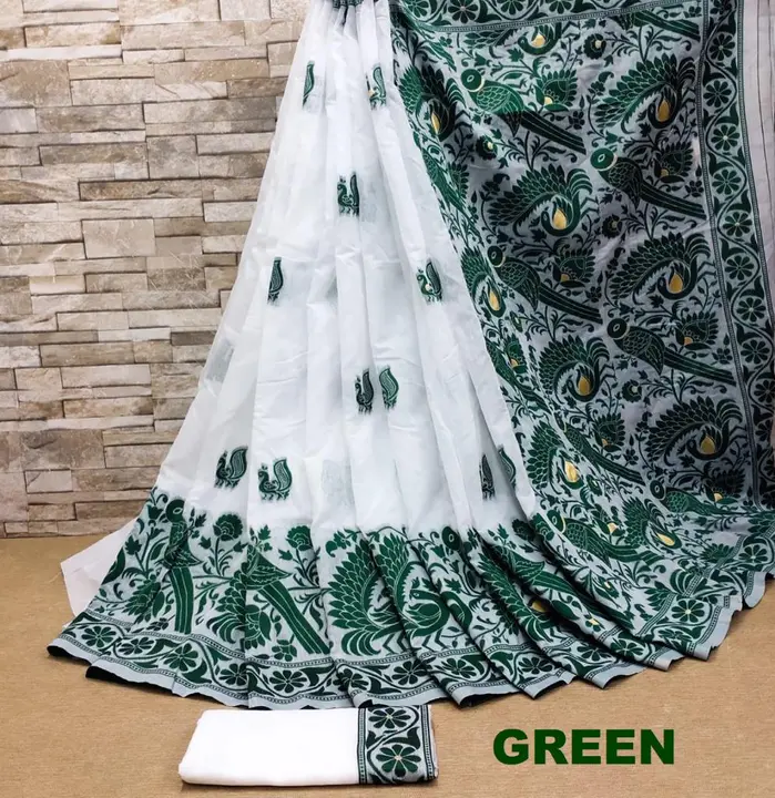 Women's Bengal Soft Dhakai Jamdani Cotton Saree Whole Body Design With Blouse ( Green ) uploaded by Manasvi Enterprise on 3/23/2023